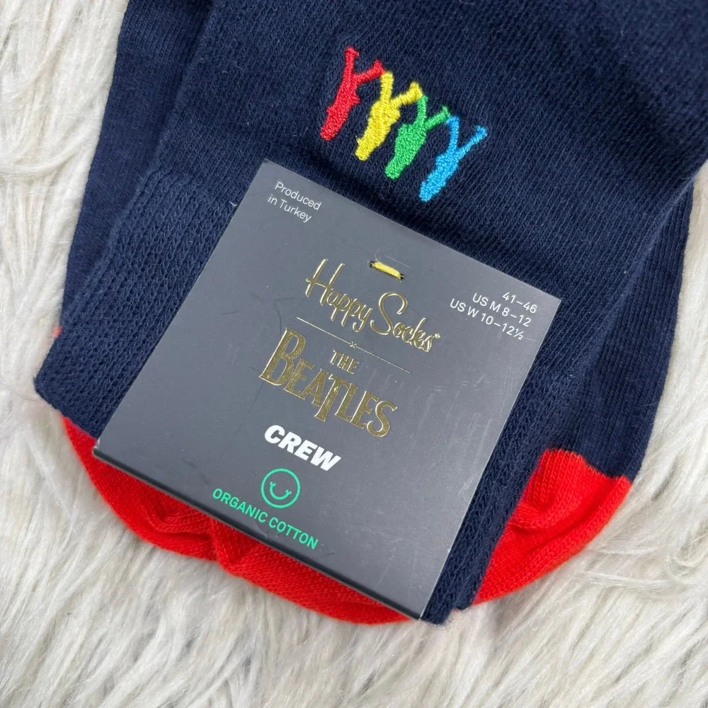 NWT Happy Socks x The Beatles Embroidered Crew Socks Organic Cotton Navy Red